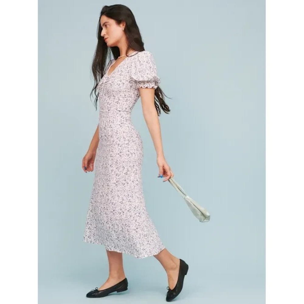 Reformation Trisha Dress FITS‎ size 0 Floral Ditsy Midi Puff Sleeve Blue